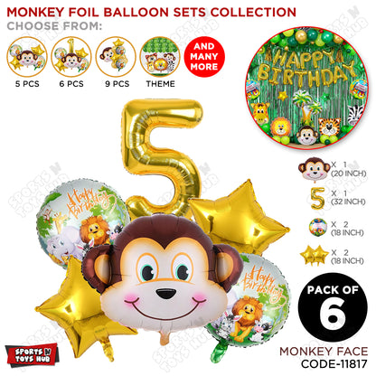 Jungle Safari Monkey Face Pack Of 6 Foil Balloon Set