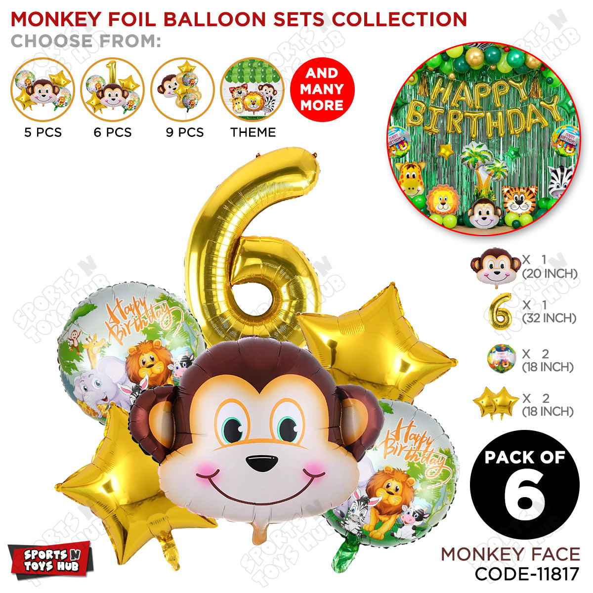 Jungle Safari Monkey Face Pack Of 6 Foil Balloon Set