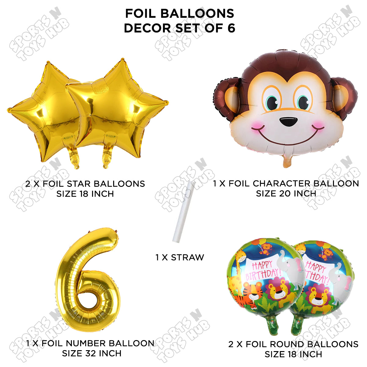 Jungle Safari Monkey Face Pack Of 6 Foil Balloon Set