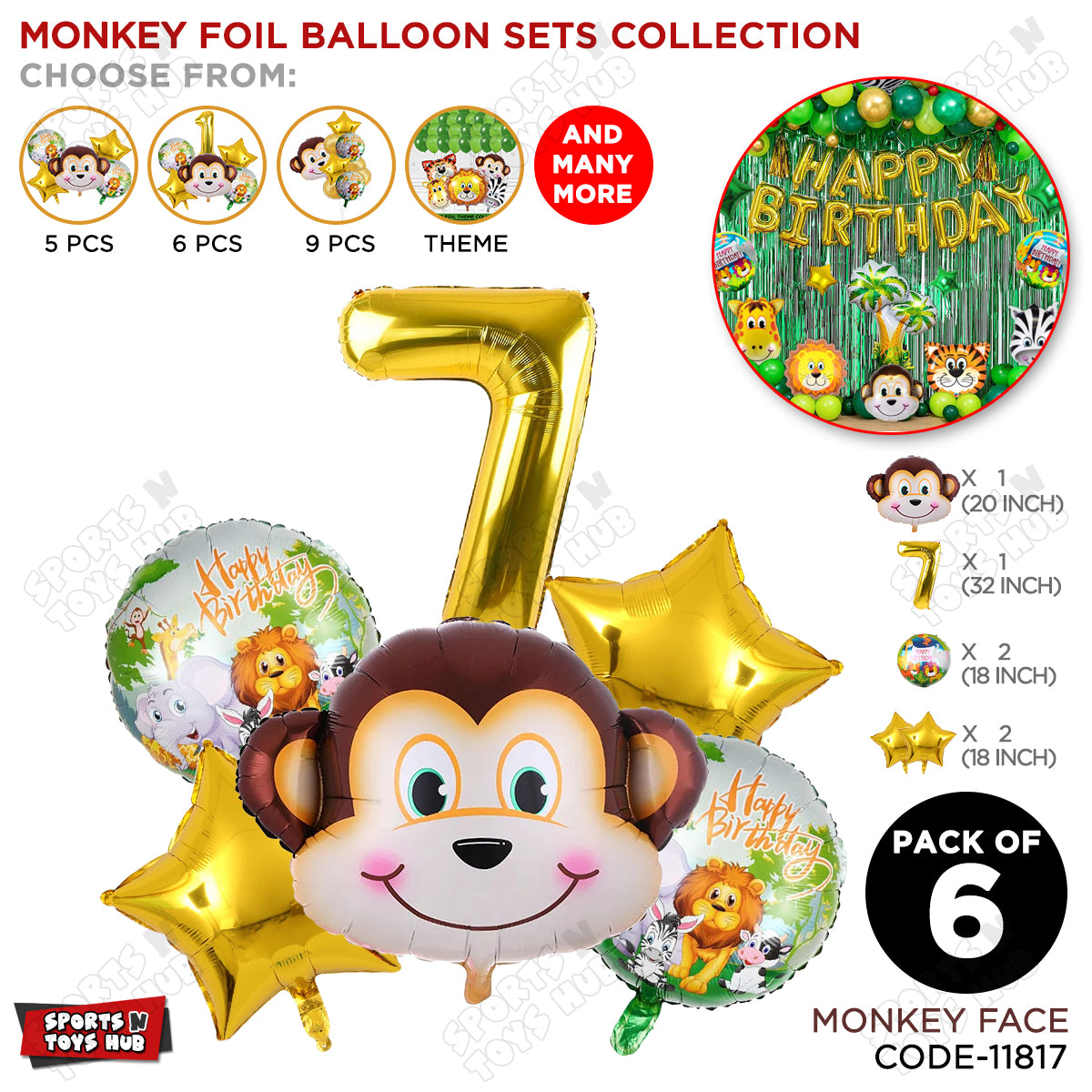 Jungle Safari Monkey Face Pack Of 6 Foil Balloon Set