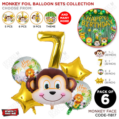 Jungle Safari Monkey Face Pack Of 6 Foil Balloon Set