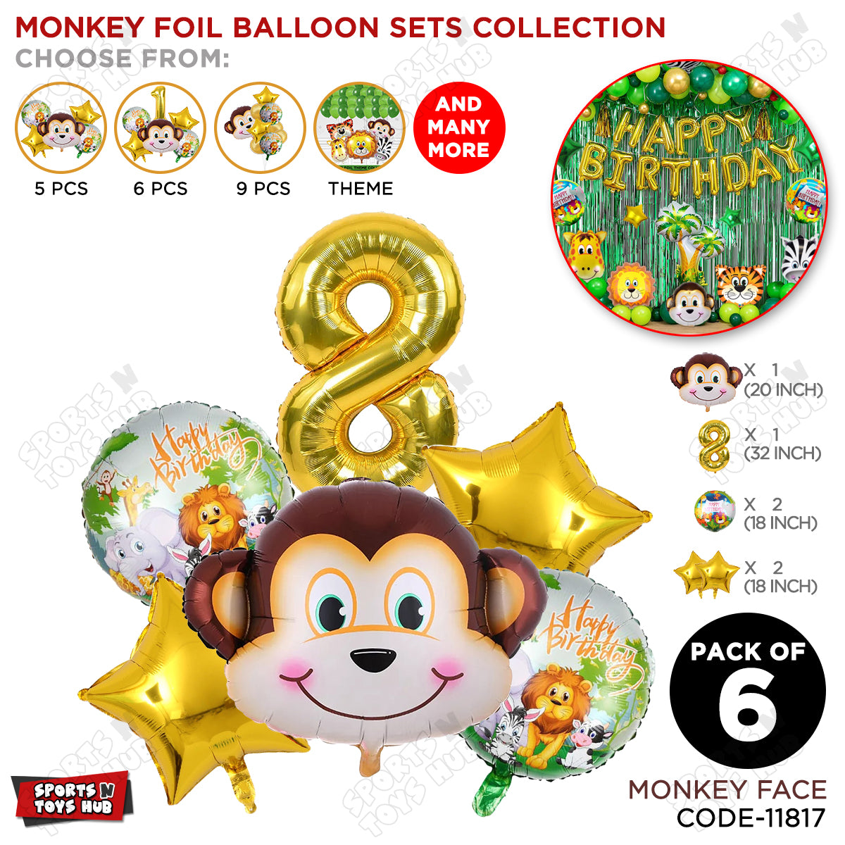 Jungle Safari Monkey Face Pack Of 6 Foil Balloon Set