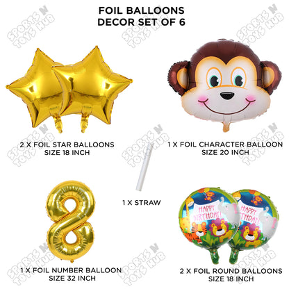Jungle Safari Monkey Face Pack Of 6 Foil Balloon Set