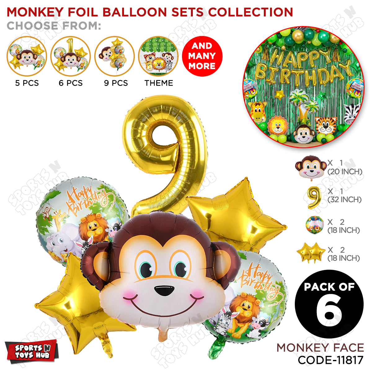 Jungle Safari Monkey Face Pack Of 6 Foil Balloon Set
