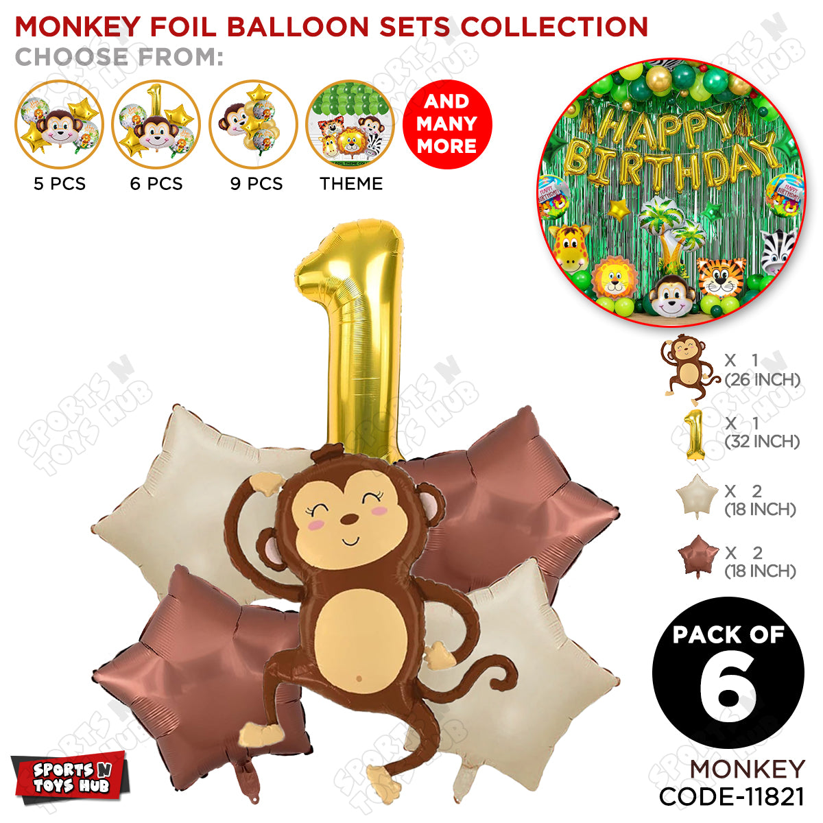 Jungle Safari Monkey Pack Of 6 Foil Balloon Set
