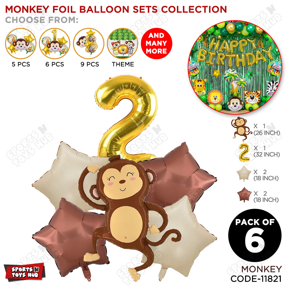 Jungle Safari Monkey Pack Of 6 Foil Balloon Set