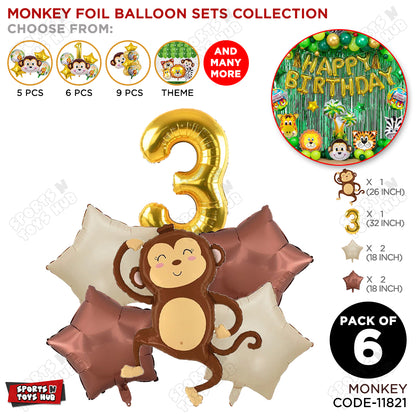 Jungle Safari Monkey Pack Of 6 Foil Balloon Set