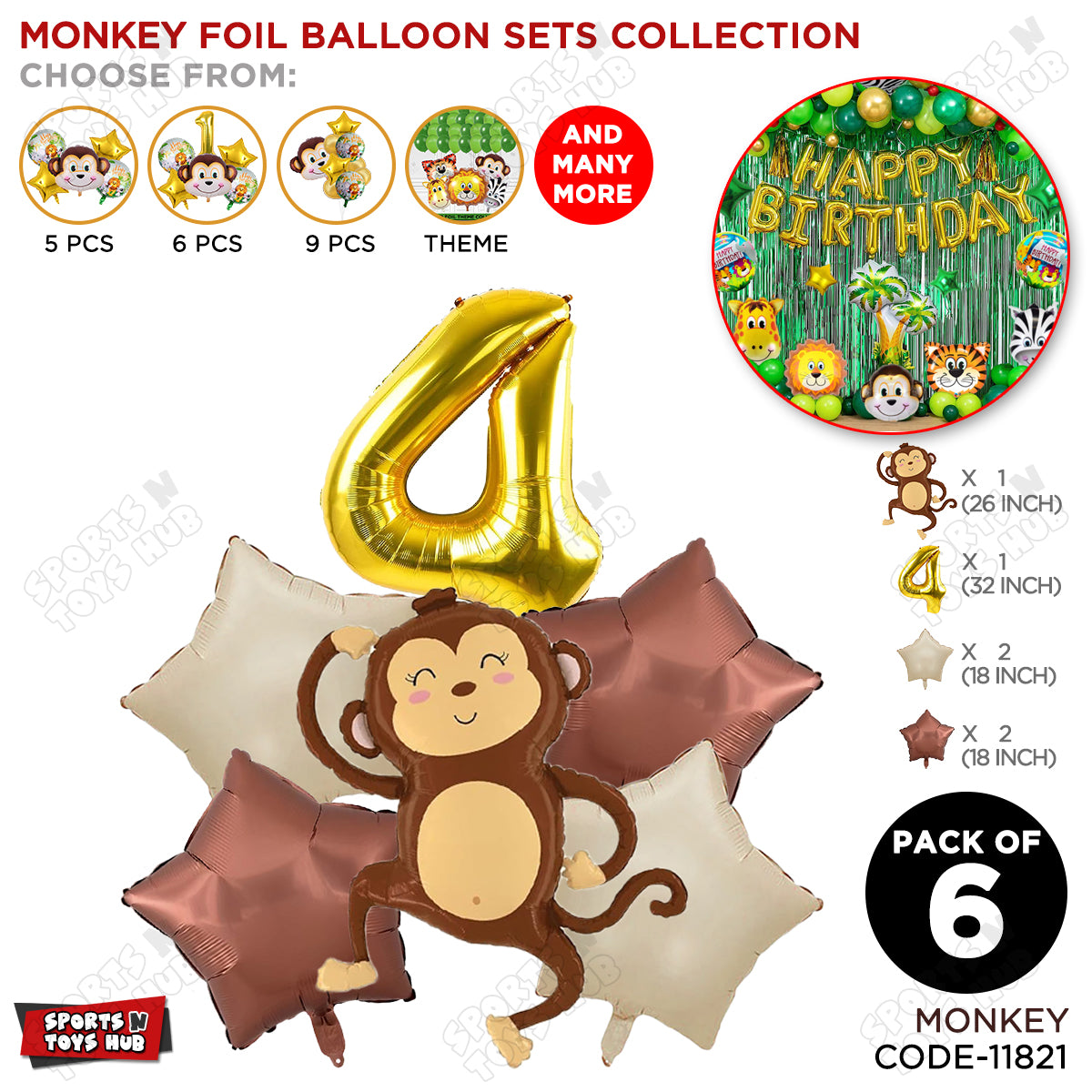 Jungle Safari Monkey Pack Of 6 Foil Balloon Set