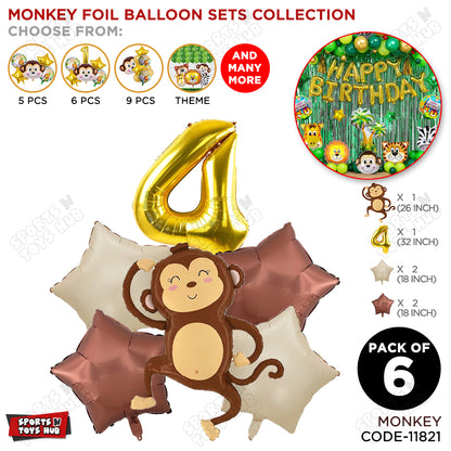 Jungle Safari Monkey Pack Of 6 Foil Balloon Set