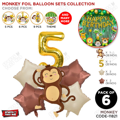 Jungle Safari Monkey Pack Of 6 Foil Balloon Set
