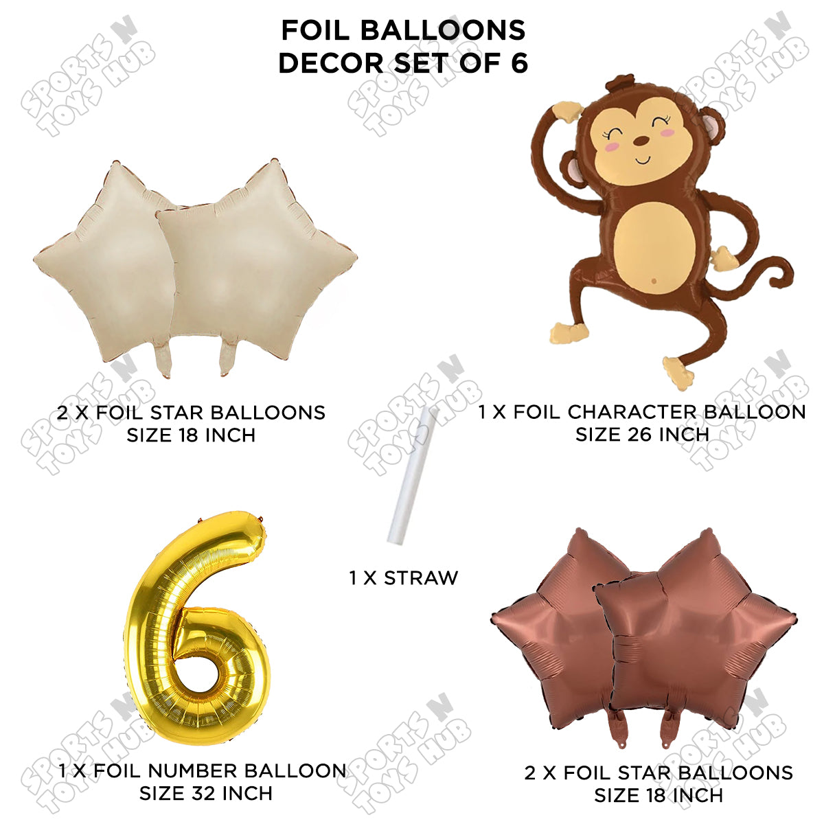 Jungle Safari Monkey Pack Of 6 Foil Balloon Set