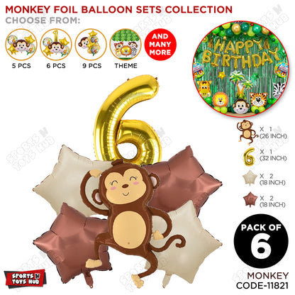 Jungle Safari Monkey Pack Of 6 Foil Balloon Set