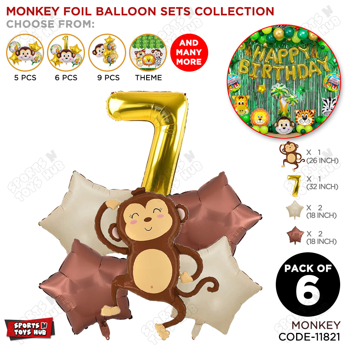 Jungle Safari Monkey Pack Of 6 Foil Balloon Set