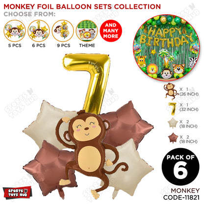 Jungle Safari Monkey Pack Of 6 Foil Balloon Set