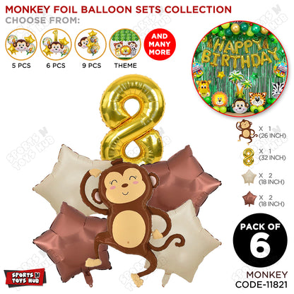 Jungle Safari Monkey Pack Of 6 Foil Balloon Set