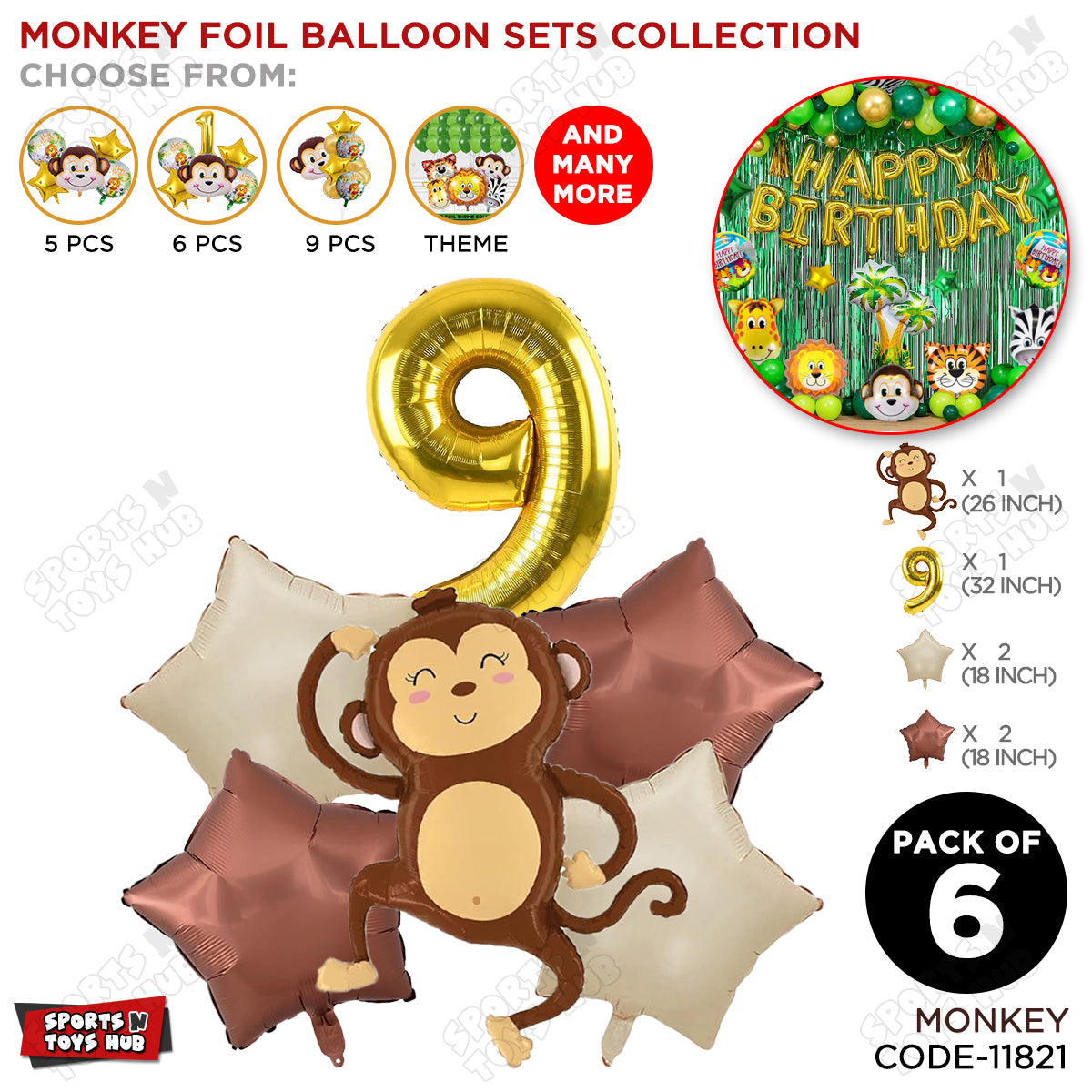 Jungle Safari Monkey Pack Of 6 Foil Balloon Set