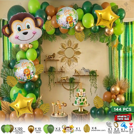 Jungle Safari Balloon Decoration Kit – 144 Pcs Green & Gold Monkey Face Theme Birthday Party Set with Balloon Arch Garland