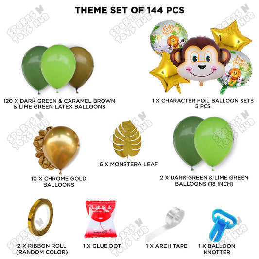 Jungle Safari Balloon Decoration Kit – 144 Pcs Green & Gold Monkey Face Theme Birthday Party Set with Balloon Arch Garland