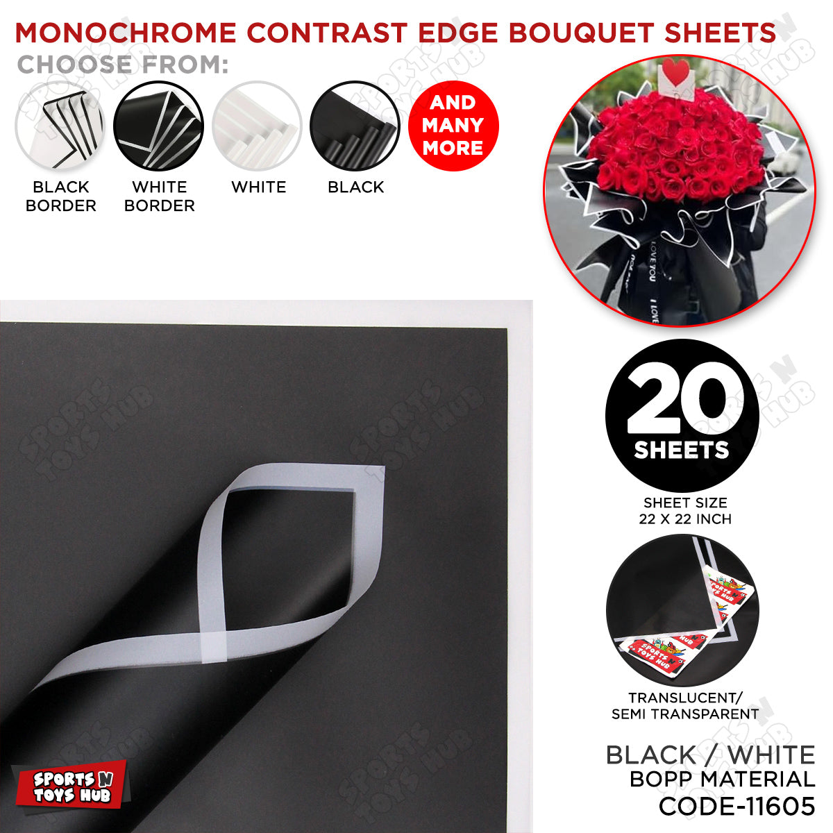 Monochrome Contrast Edge Translucent Floral Bouquet Wrapping Sheets