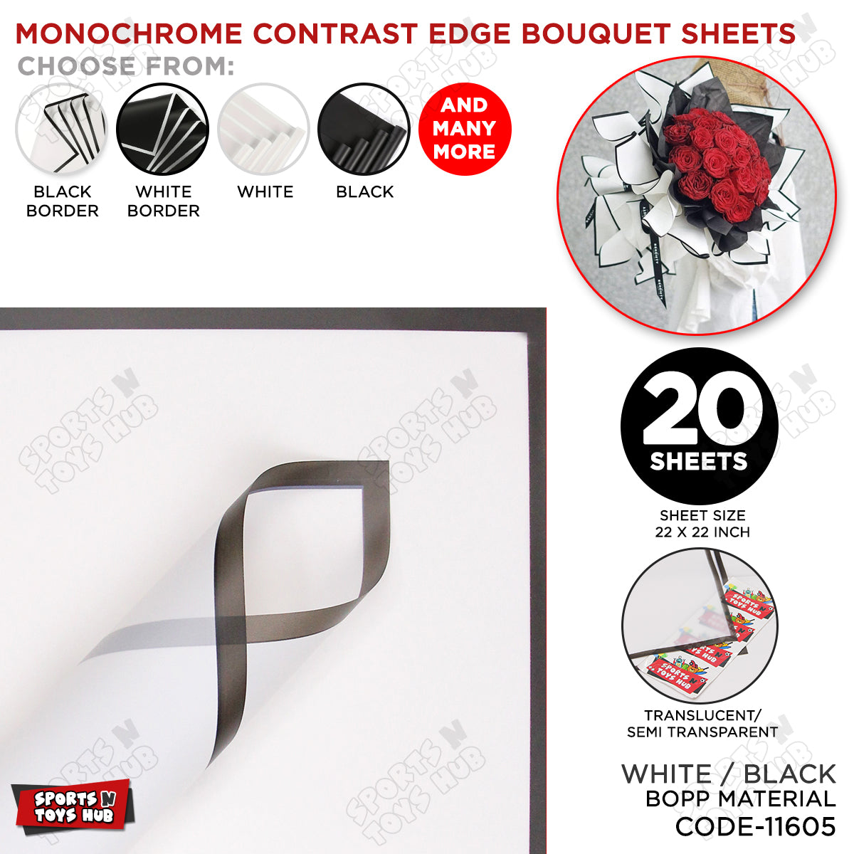Monochrome Contrast Edge Translucent Floral Bouquet Wrapping Sheets