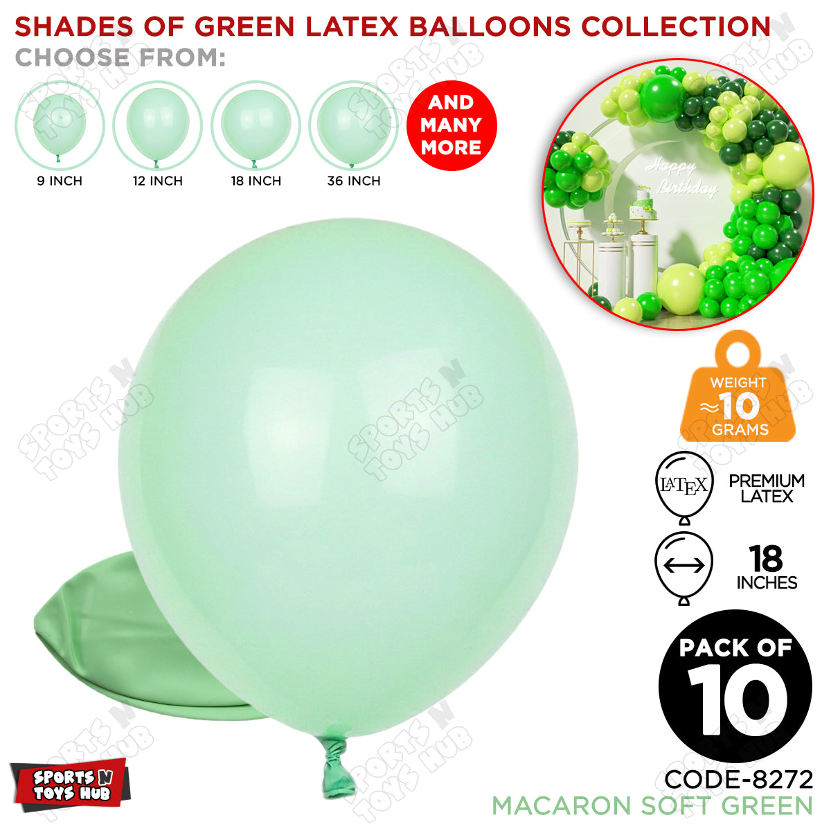 Soft Green Latex Macaron Balloons Available In 9, 12, 18 & 36 Inch Sizes