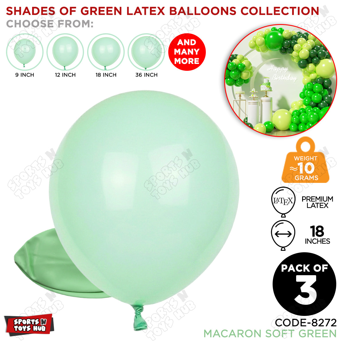 Soft Green Latex Macaron Balloons Available In 9, 12, 18 & 36 Inch Sizes