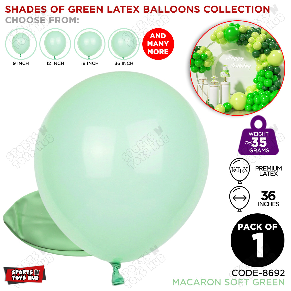 Soft Green Latex Macaron Balloons Available In 9, 12, 18 & 36 Inch Sizes