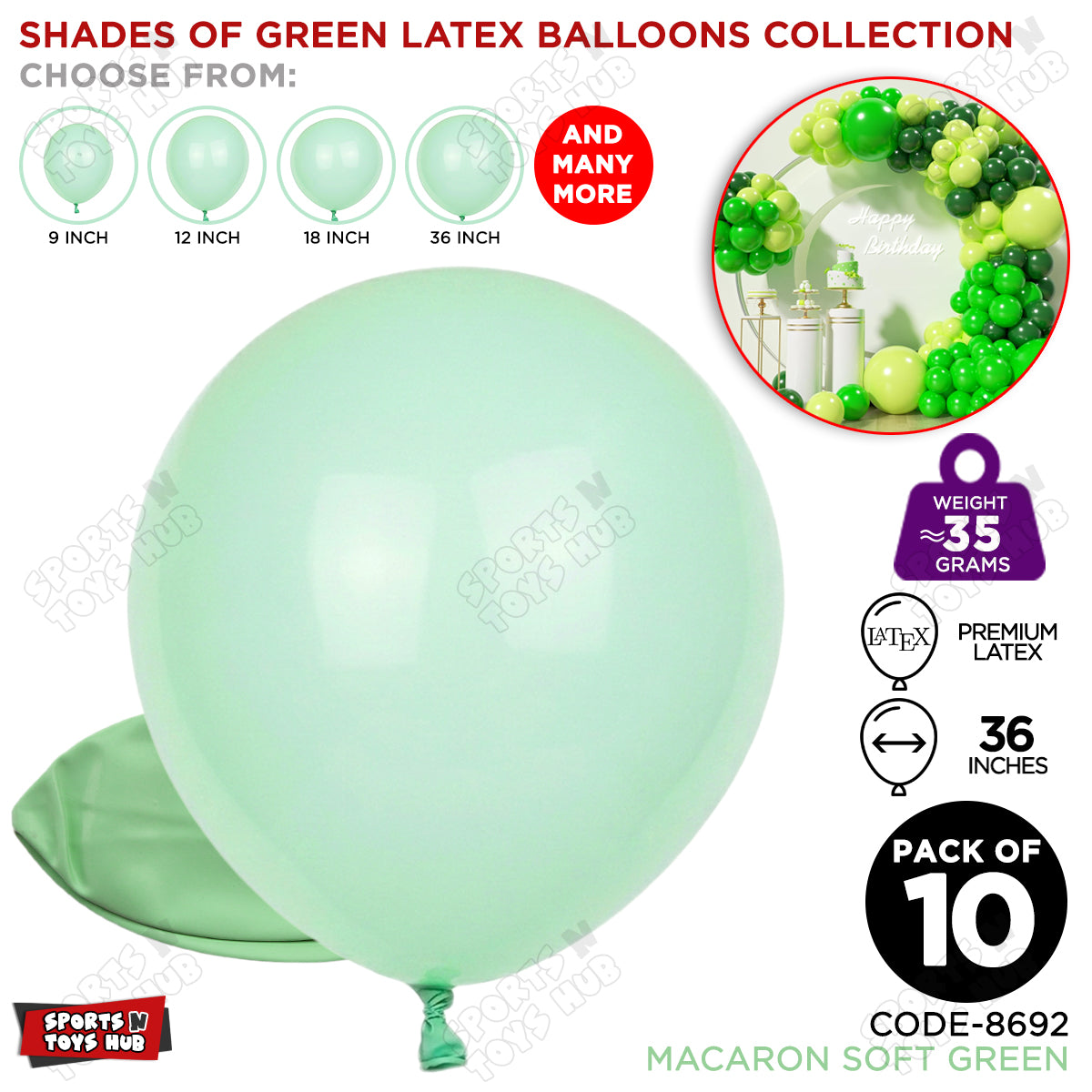 Soft Green Latex Macaron Balloons Available In 9, 12, 18 & 36 Inch Sizes