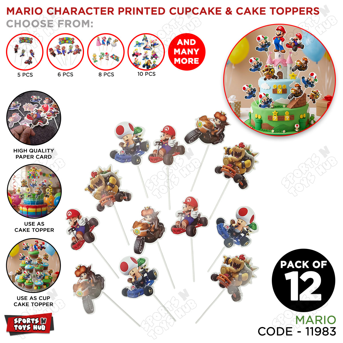 Super Mario Cartoon Game Characters Cup Cake Topper - 12 Pcs
