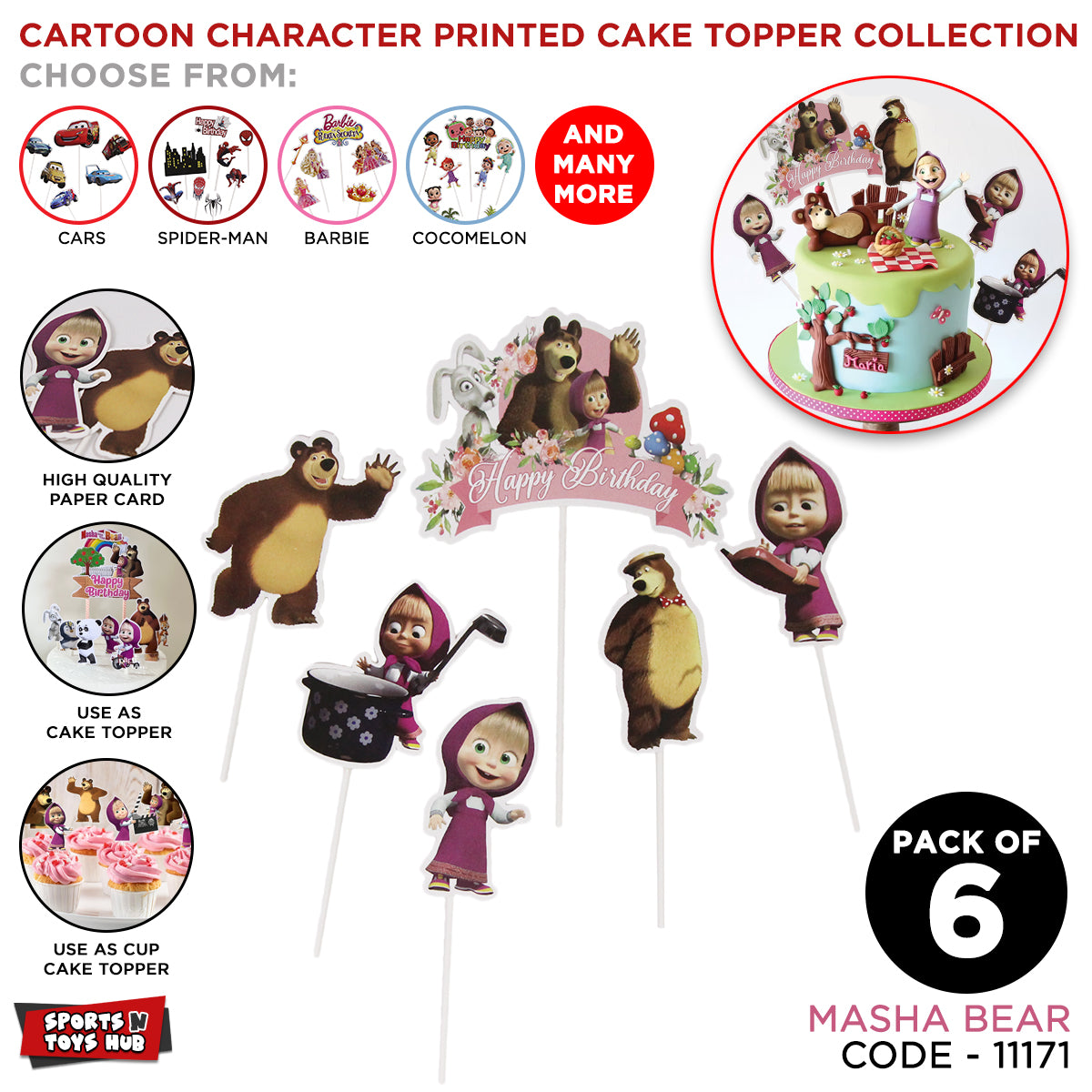 Cartoon Characters HBD M@sha & The Bear Cake Topper - 6 Pcs