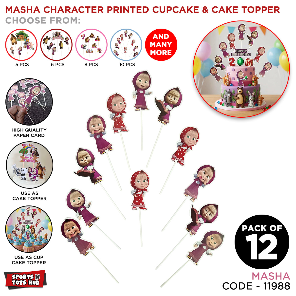 Cartoon Characters HBD M@sha & The Bear Cup Cake Topper - 12 Pcs