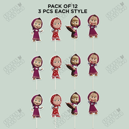 Cartoon Characters HBD M@sha & The Bear Cup Cake Topper - 12 Pcs