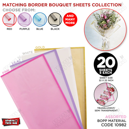 Matching Mix Border Edge - 4 Color Mix 20 Sheet Packs - Frosted Wrapping Paper with Coloured Border - Floral Bouquet Wrapping Sheets, Bouquet Paper