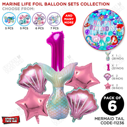 Mer-m@id Tail Foil Balloon Pack Of 6 Set With 32 Inch Foil Number Balloons