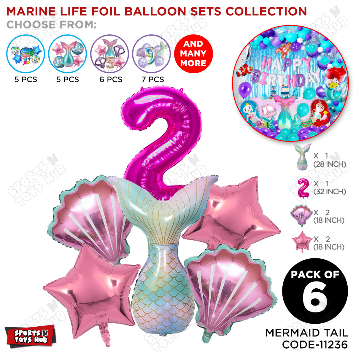 Mer-m@id Tail Foil Balloon Pack Of 6 Set With 32 Inch Foil Number Balloons