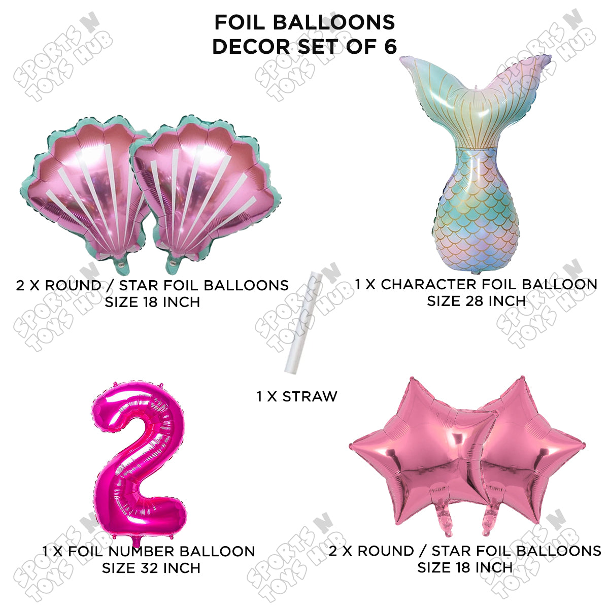Mer-m@id Tail Foil Balloon Pack Of 6 Set With 32 Inch Foil Number Balloons