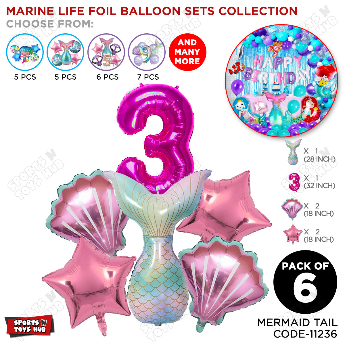 Mer-m@id Tail Foil Balloon Pack Of 6 Set With 32 Inch Foil Number Balloons