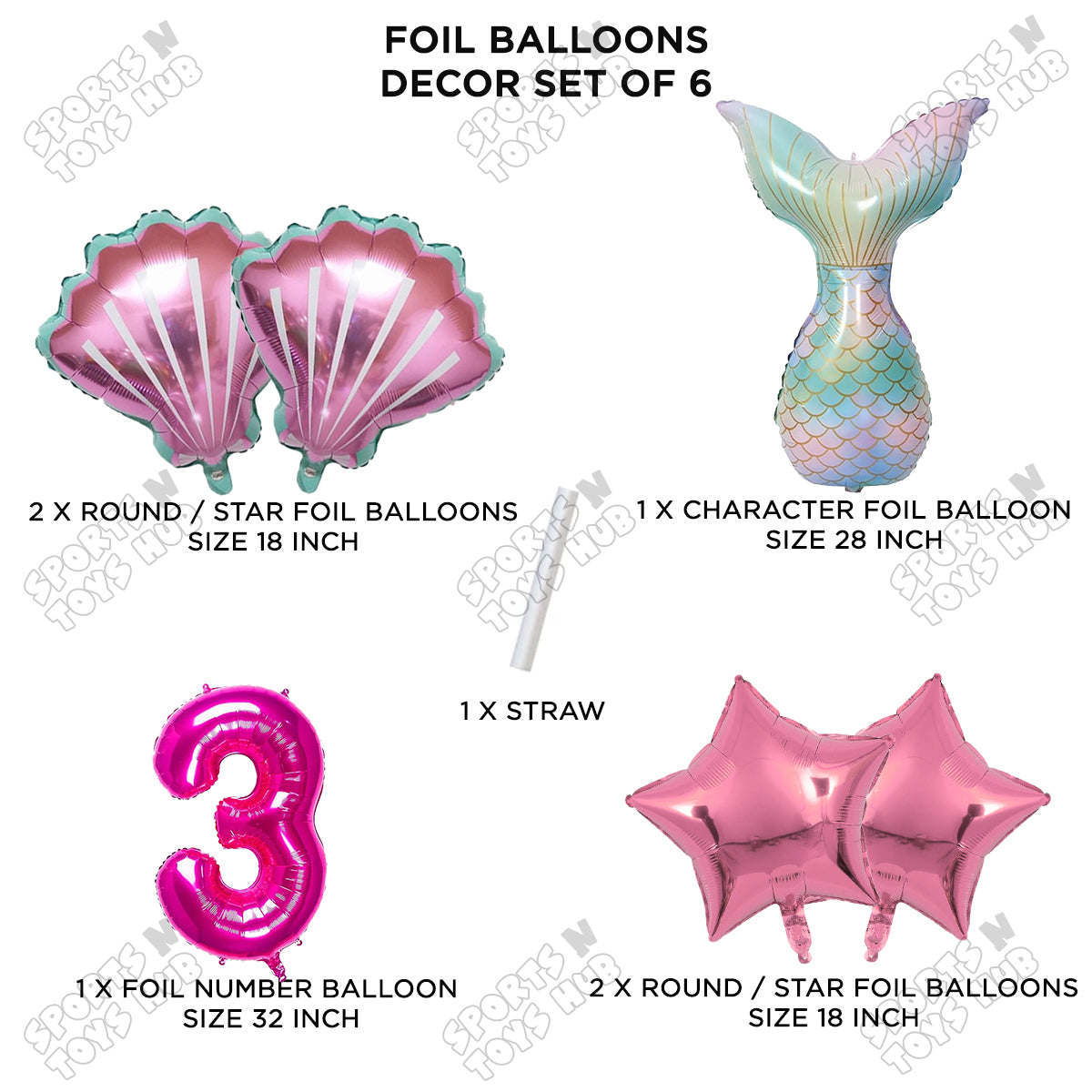Mer-m@id Tail Foil Balloon Pack Of 6 Set With 32 Inch Foil Number Balloons