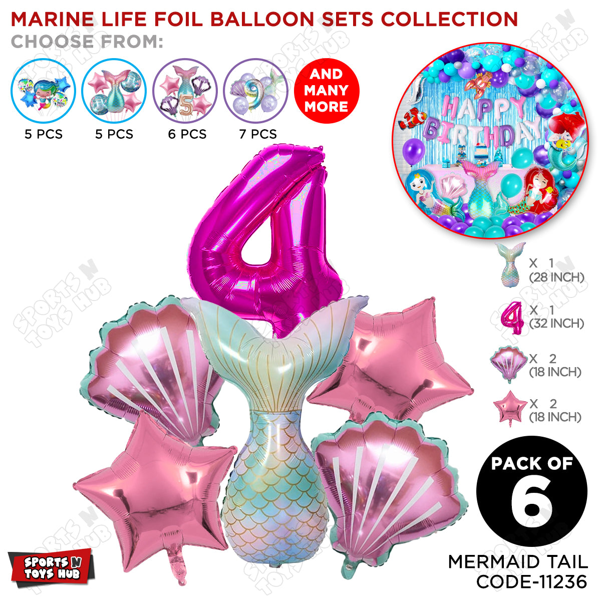 Mer-m@id Tail Foil Balloon Pack Of 6 Set With 32 Inch Foil Number Balloons