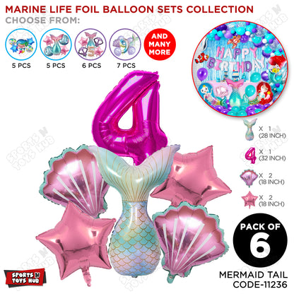 Mer-m@id Tail Foil Balloon Pack Of 6 Set With 32 Inch Foil Number Balloons