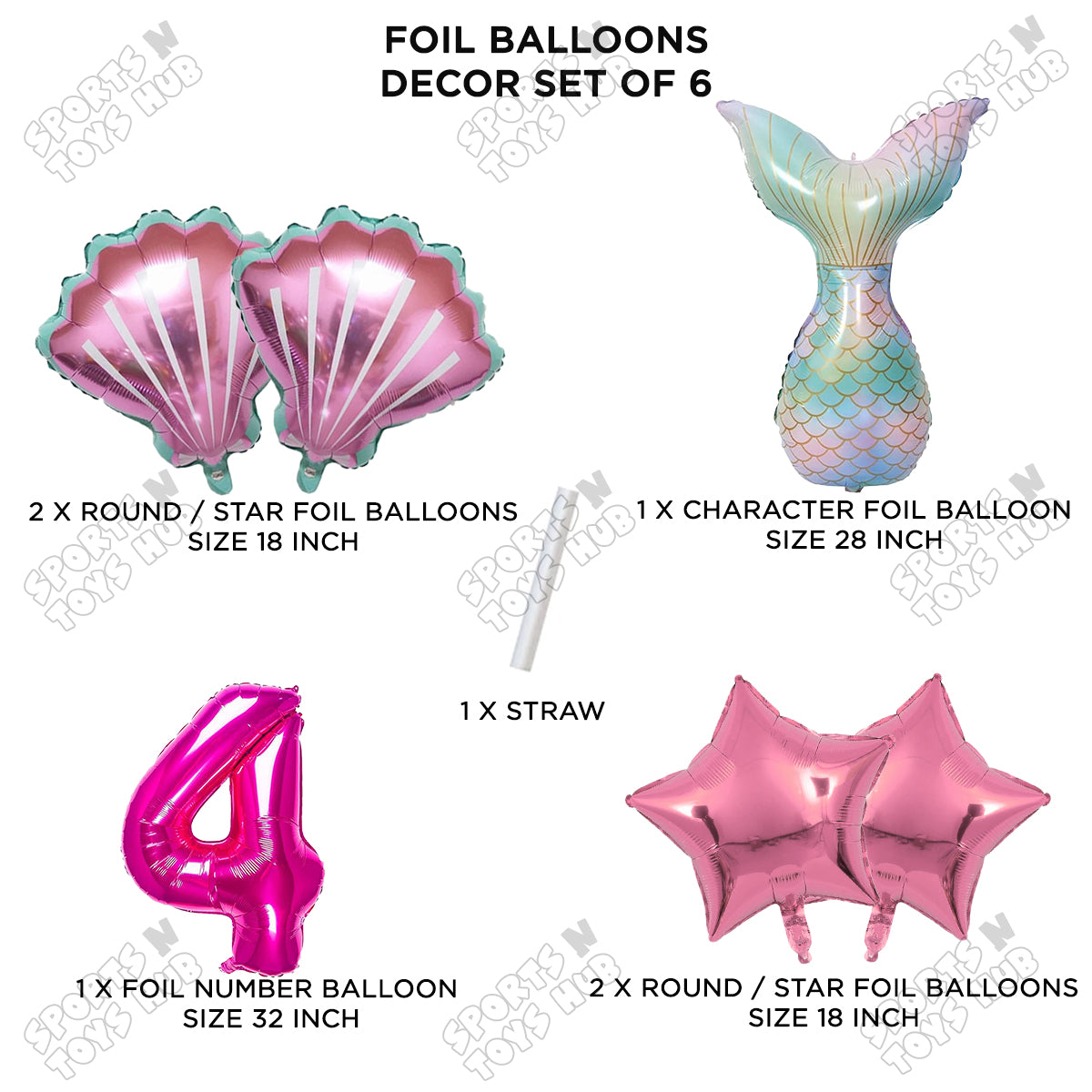 Mer-m@id Tail Foil Balloon Pack Of 6 Set With 32 Inch Foil Number Balloons