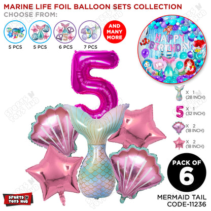 Mer-m@id Tail Foil Balloon Pack Of 6 Set With 32 Inch Foil Number Balloons