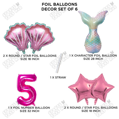 Mer-m@id Tail Foil Balloon Pack Of 6 Set With 32 Inch Foil Number Balloons