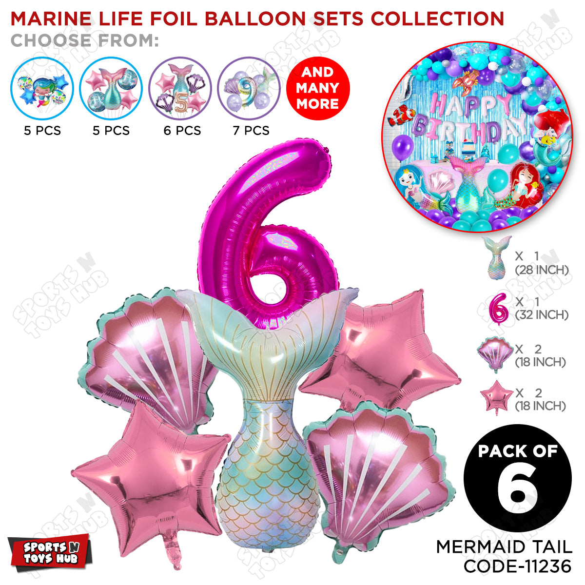 Mer-m@id Tail Foil Balloon Pack Of 6 Set With 32 Inch Foil Number Balloons