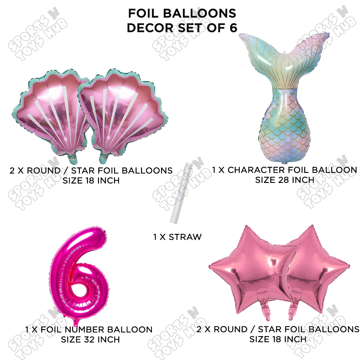 Mer-m@id Tail Foil Balloon Pack Of 6 Set With 32 Inch Foil Number Balloons