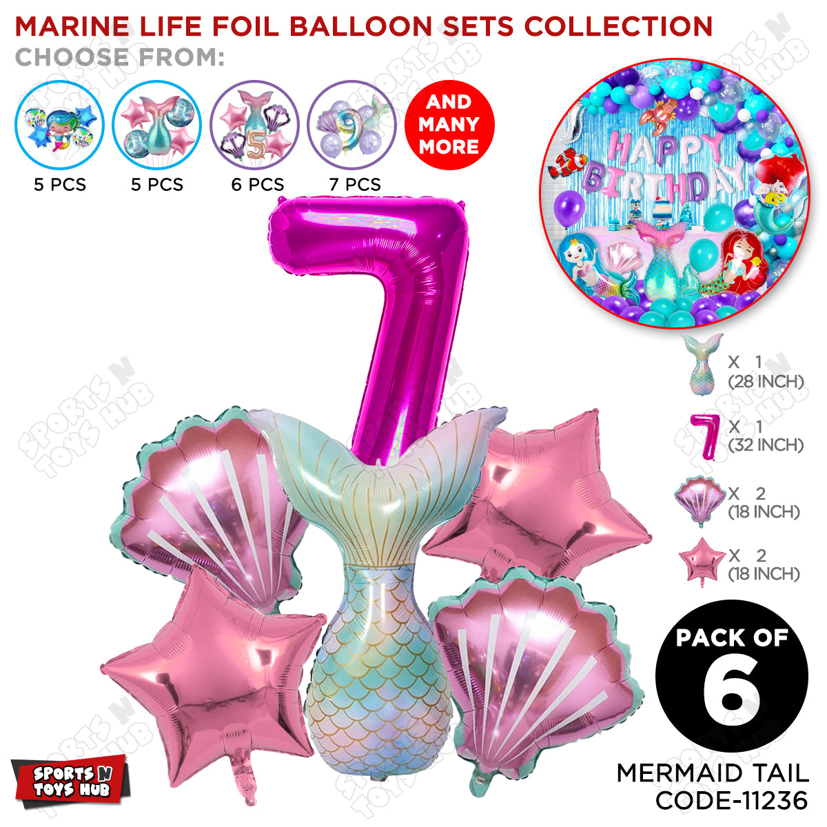 Mer-m@id Tail Foil Balloon Pack Of 6 Set With 32 Inch Foil Number Balloons