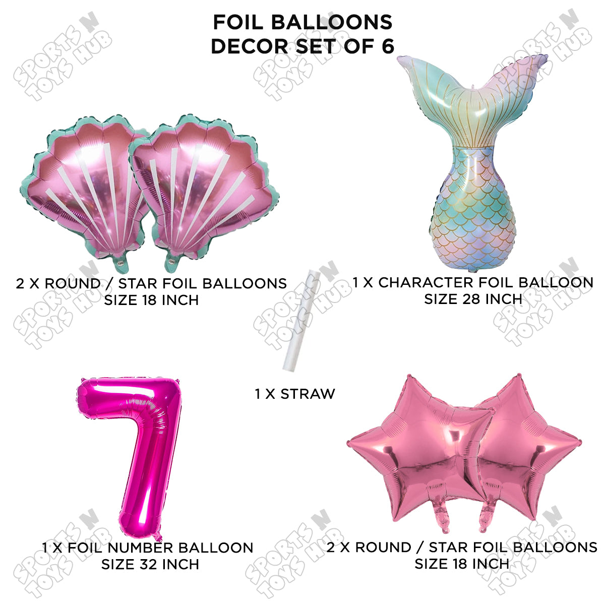 Mer-m@id Tail Foil Balloon Pack Of 6 Set With 32 Inch Foil Number Balloons