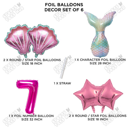 Mer-m@id Tail Foil Balloon Pack Of 6 Set With 32 Inch Foil Number Balloons