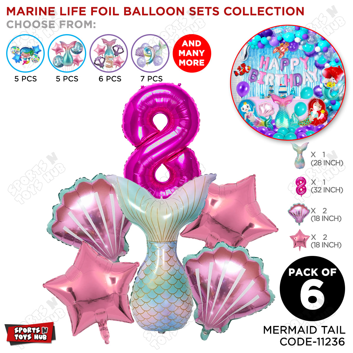 Mer-m@id Tail Foil Balloon Pack Of 6 Set With 32 Inch Foil Number Balloons