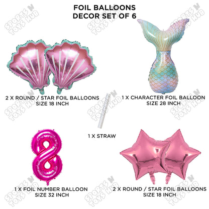 Mer-m@id Tail Foil Balloon Pack Of 6 Set With 32 Inch Foil Number Balloons
